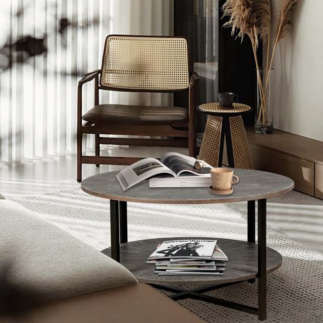 31.5 D 31.5 W  18.3 H Round Coffee Table With 2 Tier Storage, Farmhouse Living Room Cocktail Table with Black Metal Leg, Patchwork Desktop Effect Easy Assembly (Antique Brown)