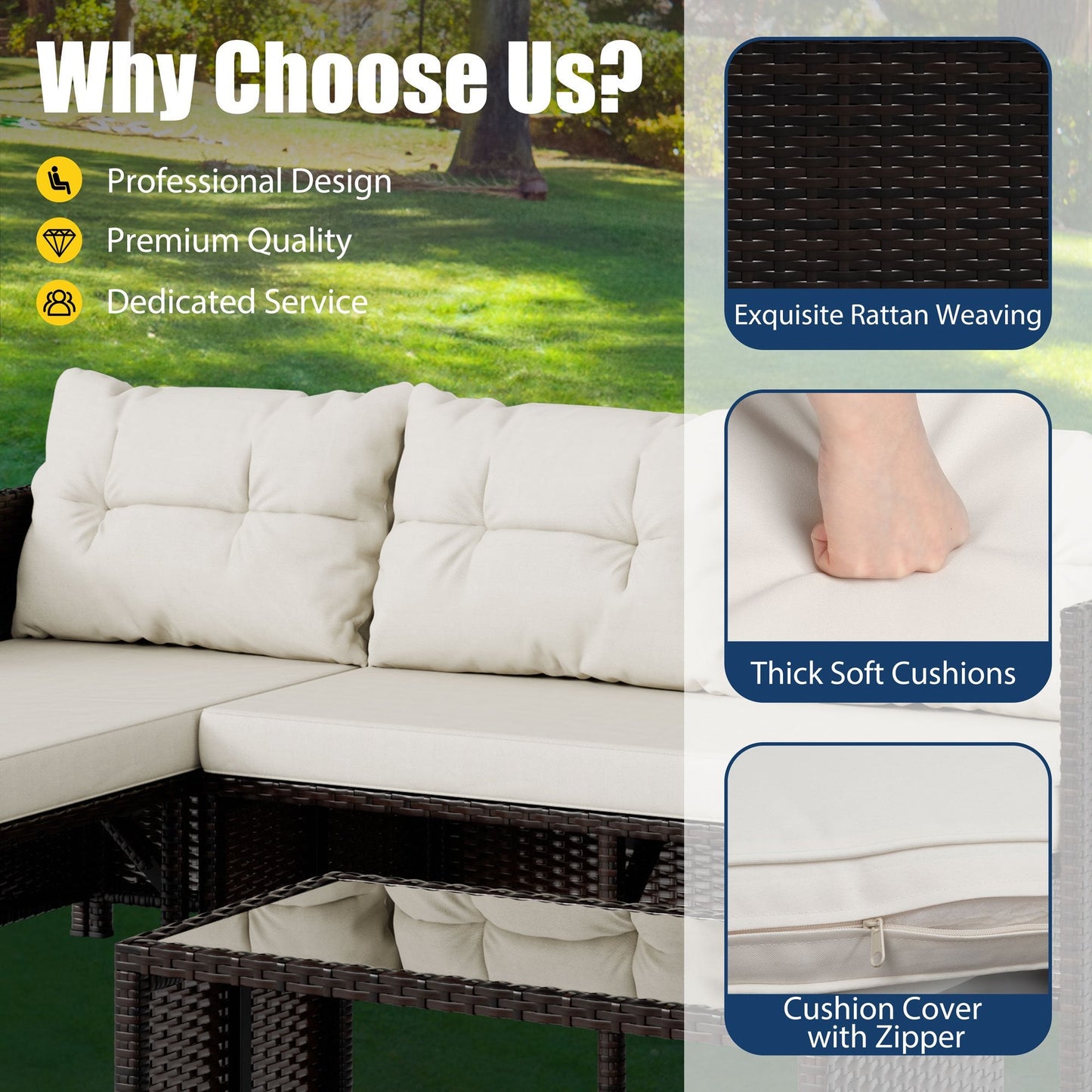 Carpet Wicker Patio Furniture Sets Outdoor Sectional Sofa Couch Patio Conversation Set with Table Cushion Beige