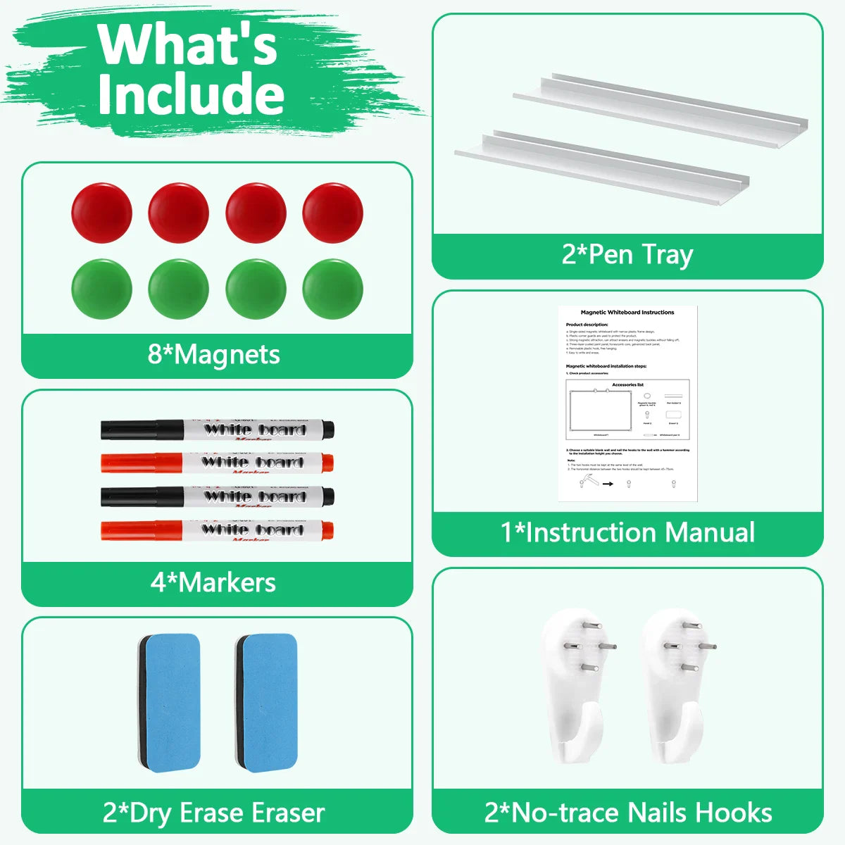 TNTANTS Magnetic White Board 36''×24'', Dry Erase Board for Home, School, Office, Silver Aluminium Frame Wall Mounted Whiteboard