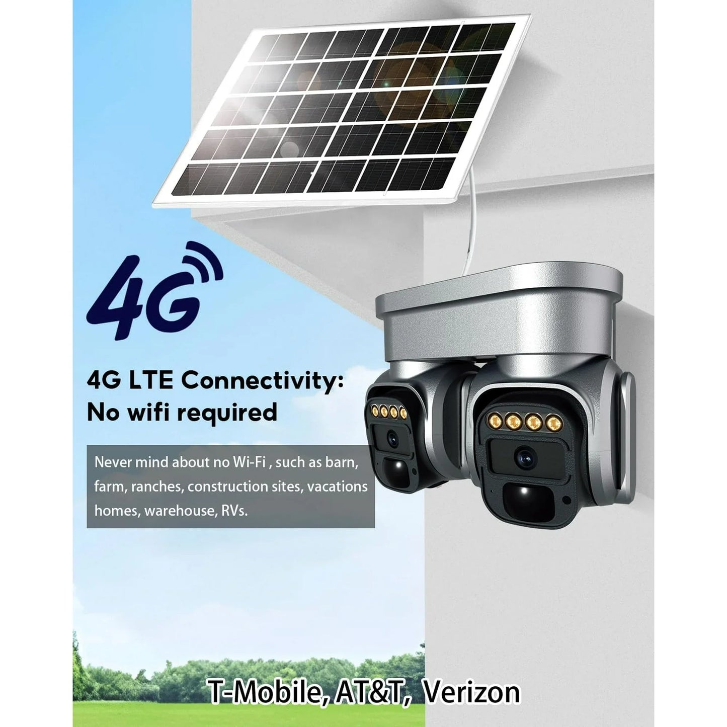 4G LTE Cellular Security Camera,No Wifi Security Camera Outdoor with Dual Lens 360 View, 2K Color Solar Cellular Cam Night Vision,PIR Motion Sensor,2 Way Talk,IP66 Waterproof, Built in SIM