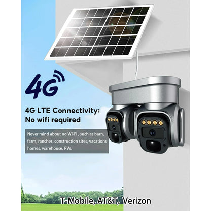 4G LTE Cellular Security Camera,No Wifi Security Camera Outdoor with Dual Lens 360 View, 2K Color Solar Cellular Cam Night Vision,PIR Motion Sensor,2 Way Talk,IP66 Waterproof, Built in SIM