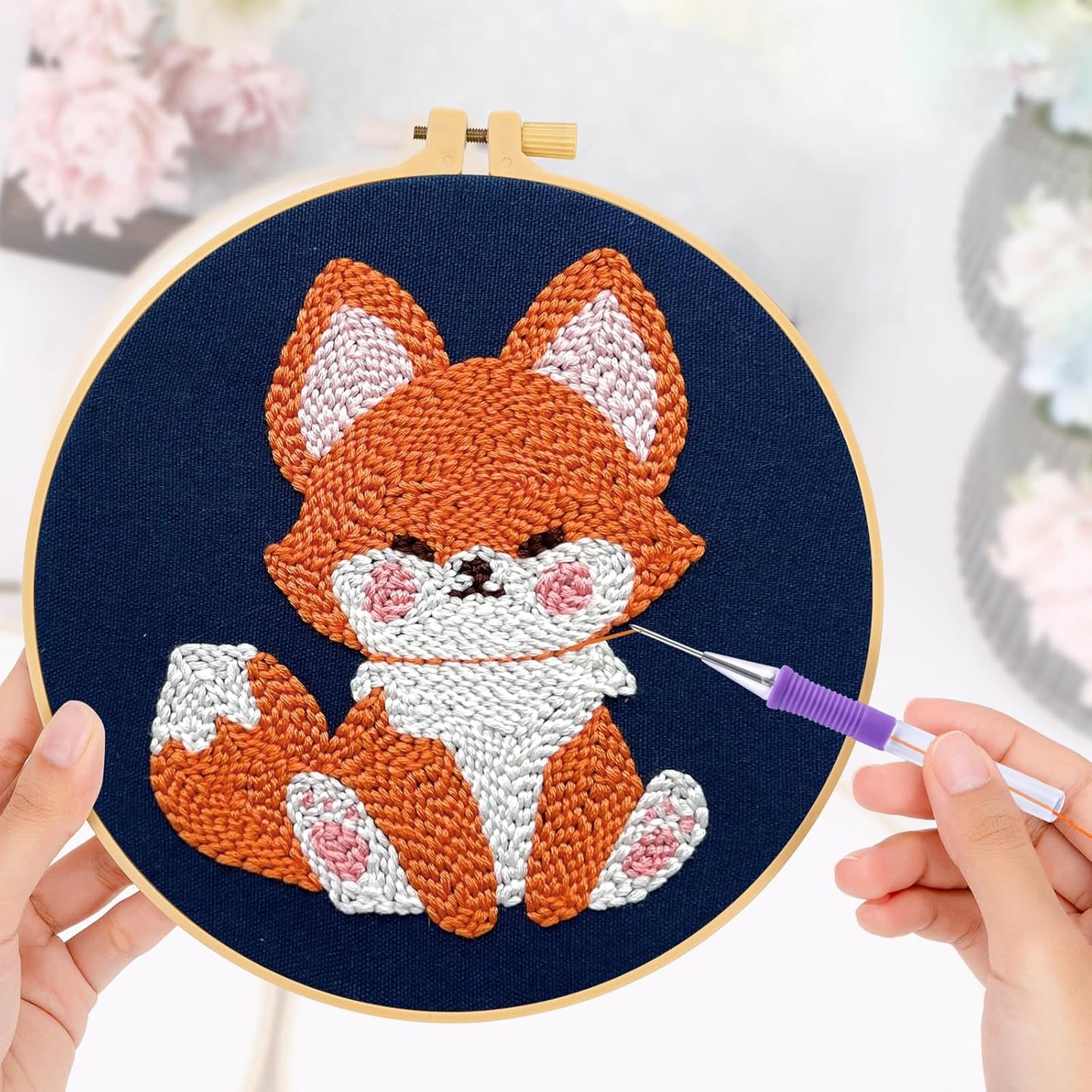 3 Pack Punch Needle Embroidery Kit for Beginners, Rug Hooking Starter Kit with Fox and Dog Pattern Stamped Cloth 3 Embroidery Hoops Woolen and Punch Needle, DIY Handicraft Crafts Kit