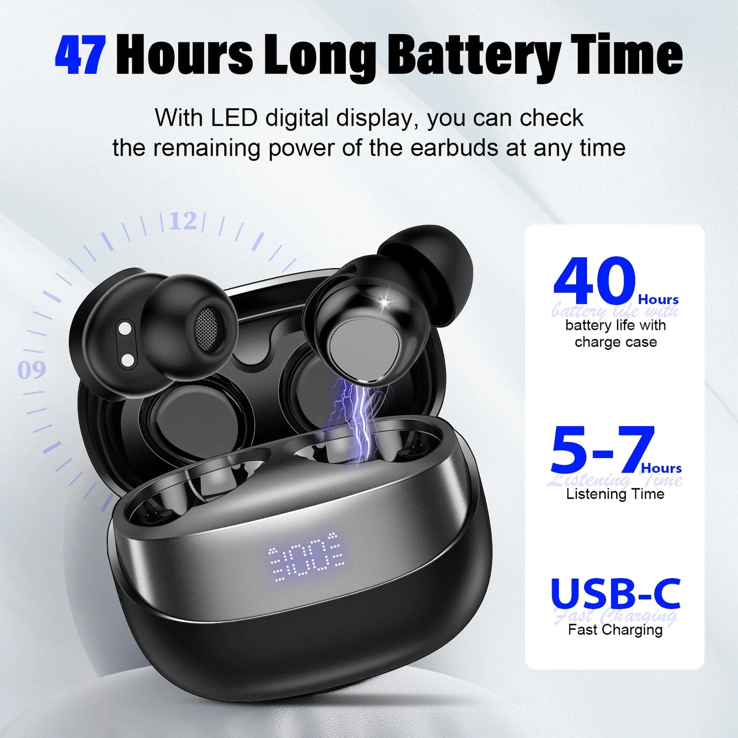 Sleep Headphones, Noise Cancelling Wireless Earphones for Side Sleepers, Bluetooth 5.4 in Ear Light Weight Sleep Earbuds, 47H Playtime Clear Calls Earphones for Sleeping, Exercise, Working, Hiking