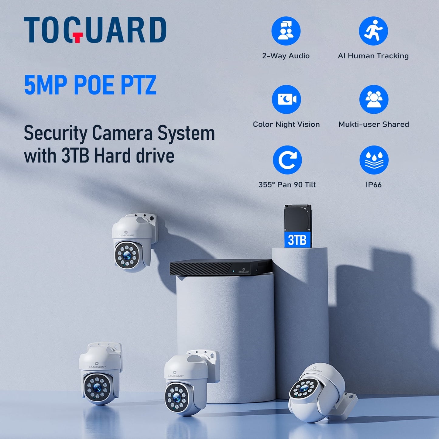 TOGUARD SC36 POE Wired Security Camera System Outdoor with 3TB Hard Drive 4K 8CH CCTV NVR 4Pcs 5MP PTZ Dome Surveillance Cameras HDMI Connector