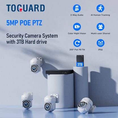 TOGUARD SC36 POE Wired Security Camera System Outdoor with 3TB Hard Drive 4K 8CH CCTV NVR 4Pcs 5MP PTZ Dome Surveillance Cameras HDMI Connector