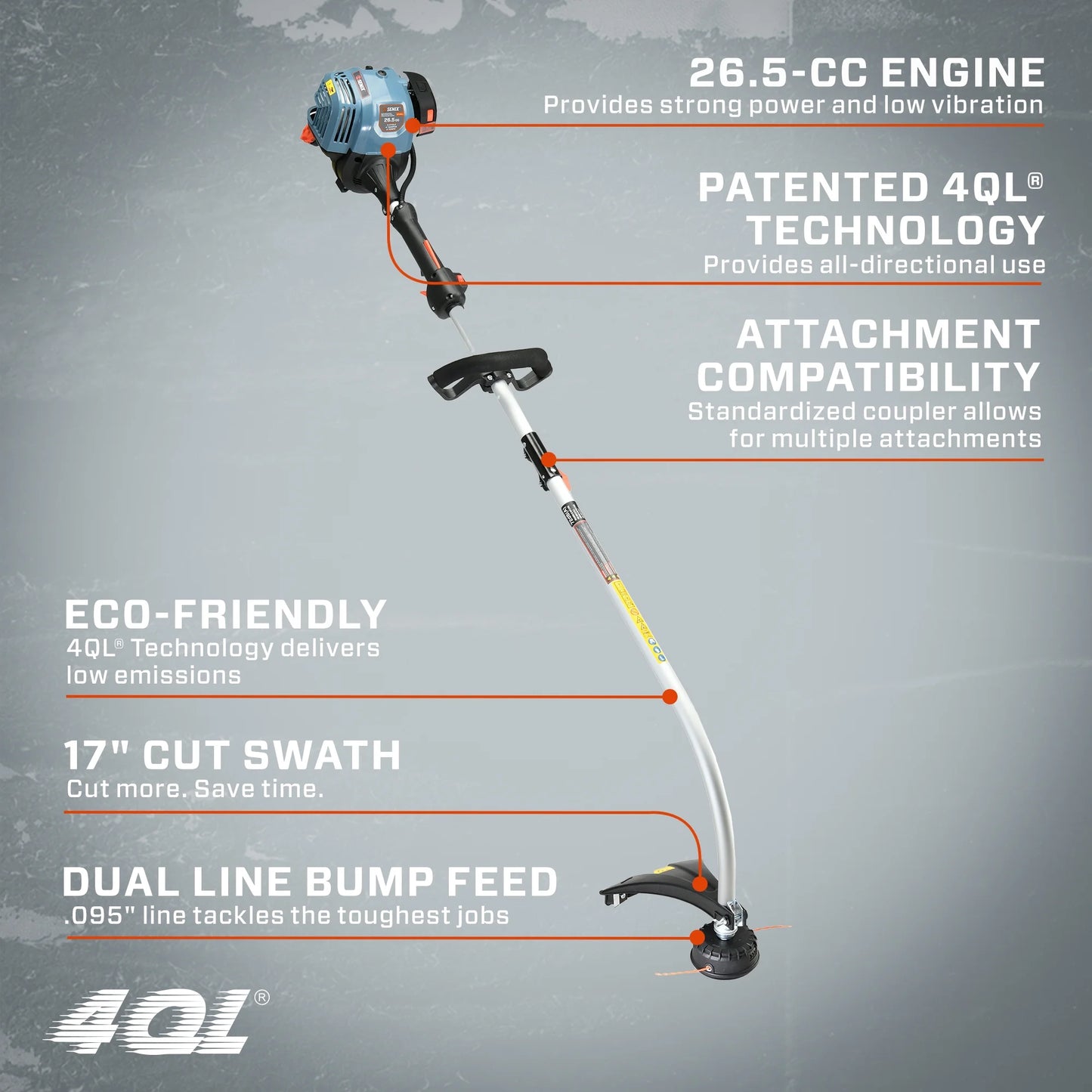 Senix 4 Cycle 26.5cc Trimmer with Curved Shaft  Attachments, Model 4QL
