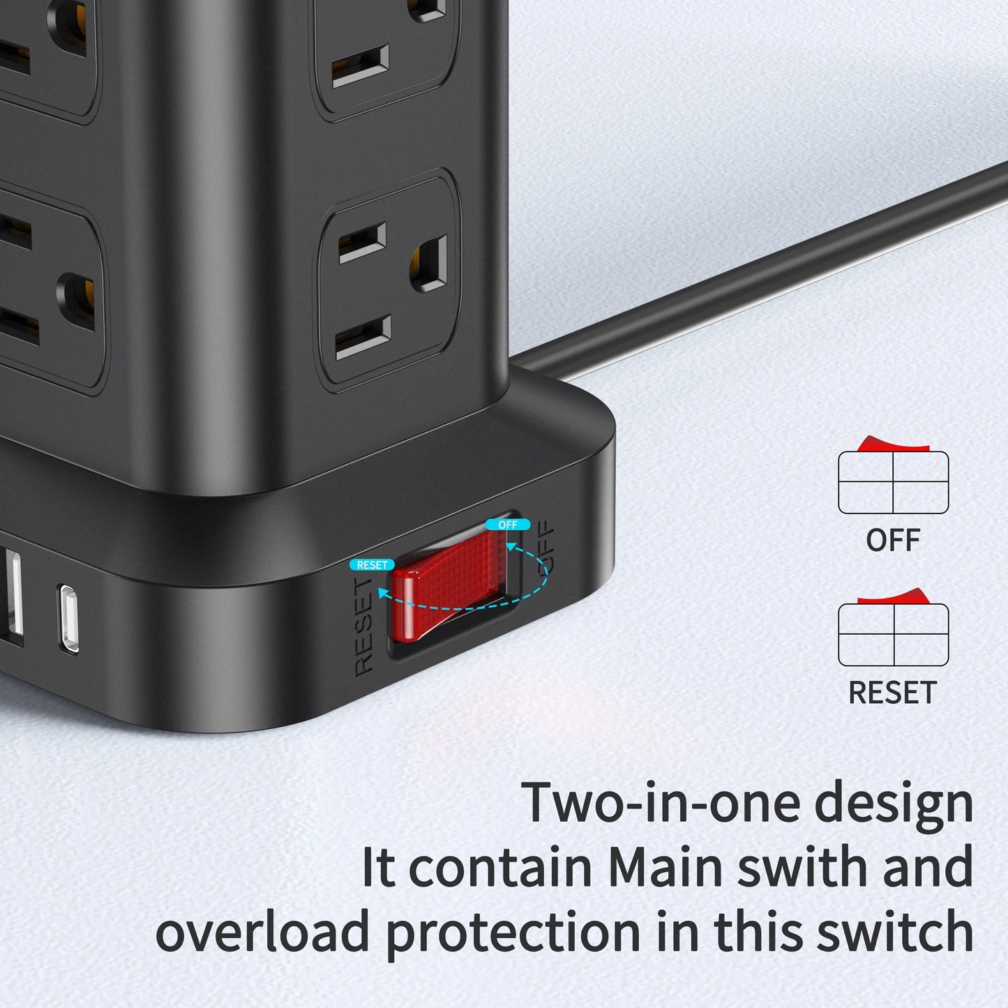 Power Strip Tower 12 Outlets with 4 USB Ports Surge Protector Electric Charging Station 6.5ft Cord, Black