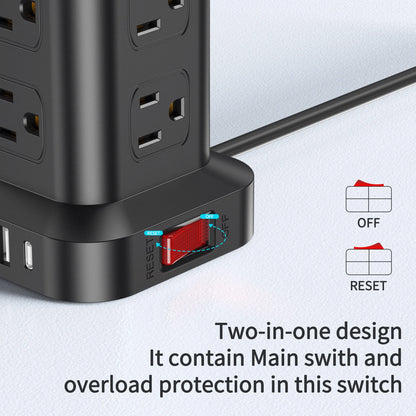 Power Strip Tower 12 Outlets with 4 USB Ports Surge Protector Electric Charging Station 6.5ft Cord, Black