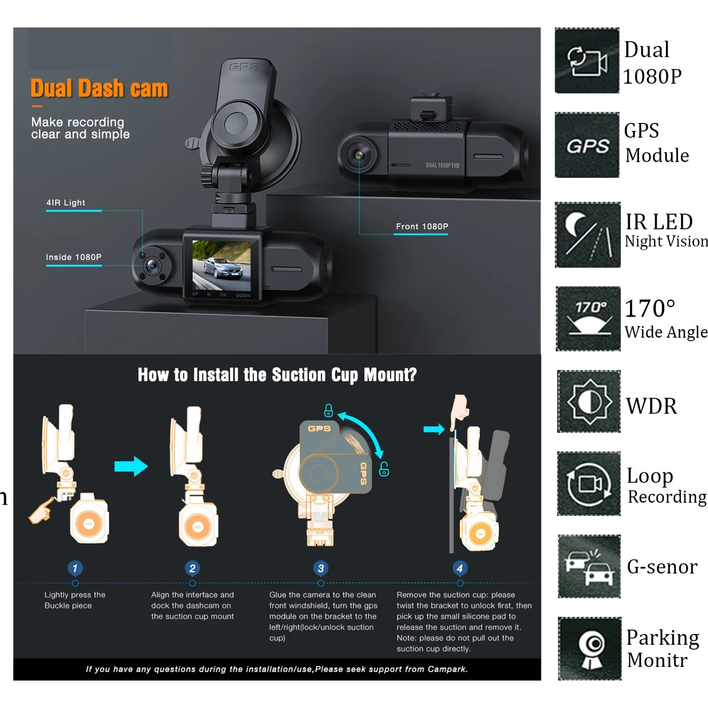 Campark Dual Dash Cam 1080P Dash Cam Front and Inside Dash Camera for Cars with GPS Tracking, Inside IR Night Vision, Parking Monitor, Loop Recording, G-sensor
