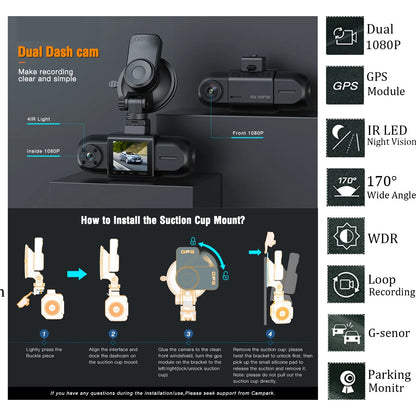 Campark Dual Dash Cam 1080P Dash Cam Front and Inside Dash Camera for Cars with GPS Tracking, Inside IR Night Vision, Parking Monitor, Loop Recording, G-sensor