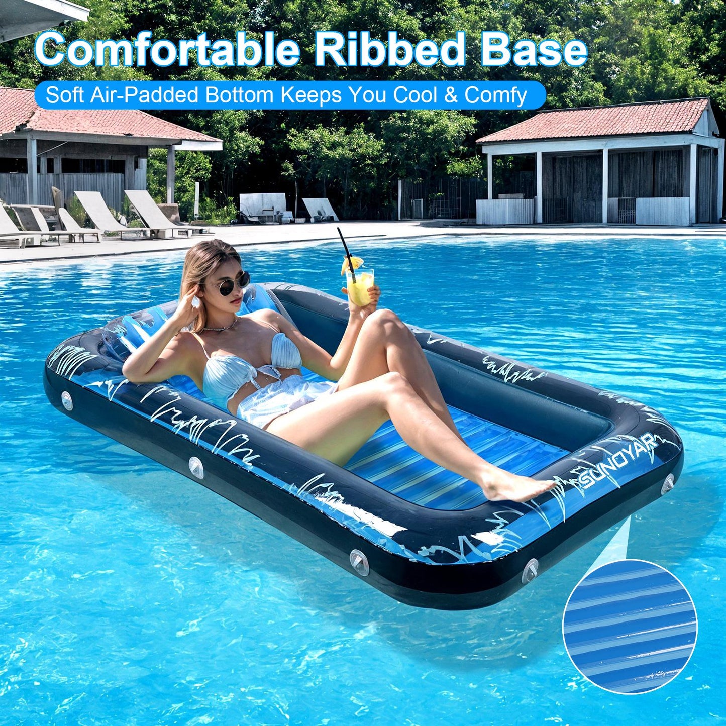 SUNOYAR Inflatable Tanning Pool Lounger Float, Pool Floats Adult with Pillow, 73 x 46 Large Suntan Tub with Cup Holder for Lake River Beach Patio