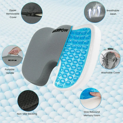 NEXPOW Memory Foam Seat Cushion Cooling Gel Butt Pillow for Tailbone Pain Relief  Chair Cushion,Car Seat Cushion,Butt Pillow Grey
