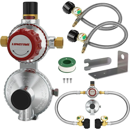 aokur Automatic 2-Stage Changeover LP Propane Gas Regulator with Two 18" RV Pigtail Propane Hoses with Gauge and Matching Bracket Stainless Braided QCC 1/4" Inverted Male Flare for RVs Vans Trailers