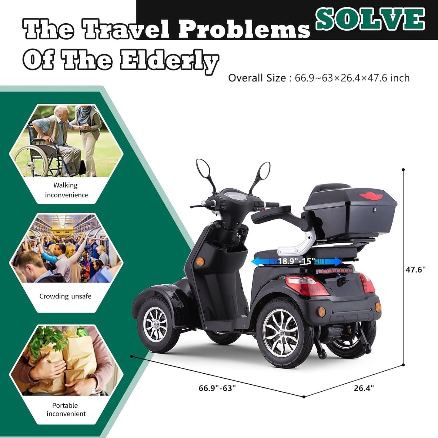 4 Wheel Electric Powered Mobility Scooter Wheelchair for Adults  Seniors  Pre Assembled in USA, 500lbs Capacity, 25 31 Miles Range, 3 Speed Up to 15 MPH, 800W Motor Power (Black)