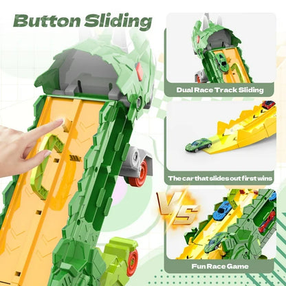 JoyStone Dinosaur Transport Truck Toy with 8 Metal Cars, 3-in-1 Dino Hauler with Sliding Race Tracks, Transforms into Triceratops, Gift for Kids Ages 3-7, Green