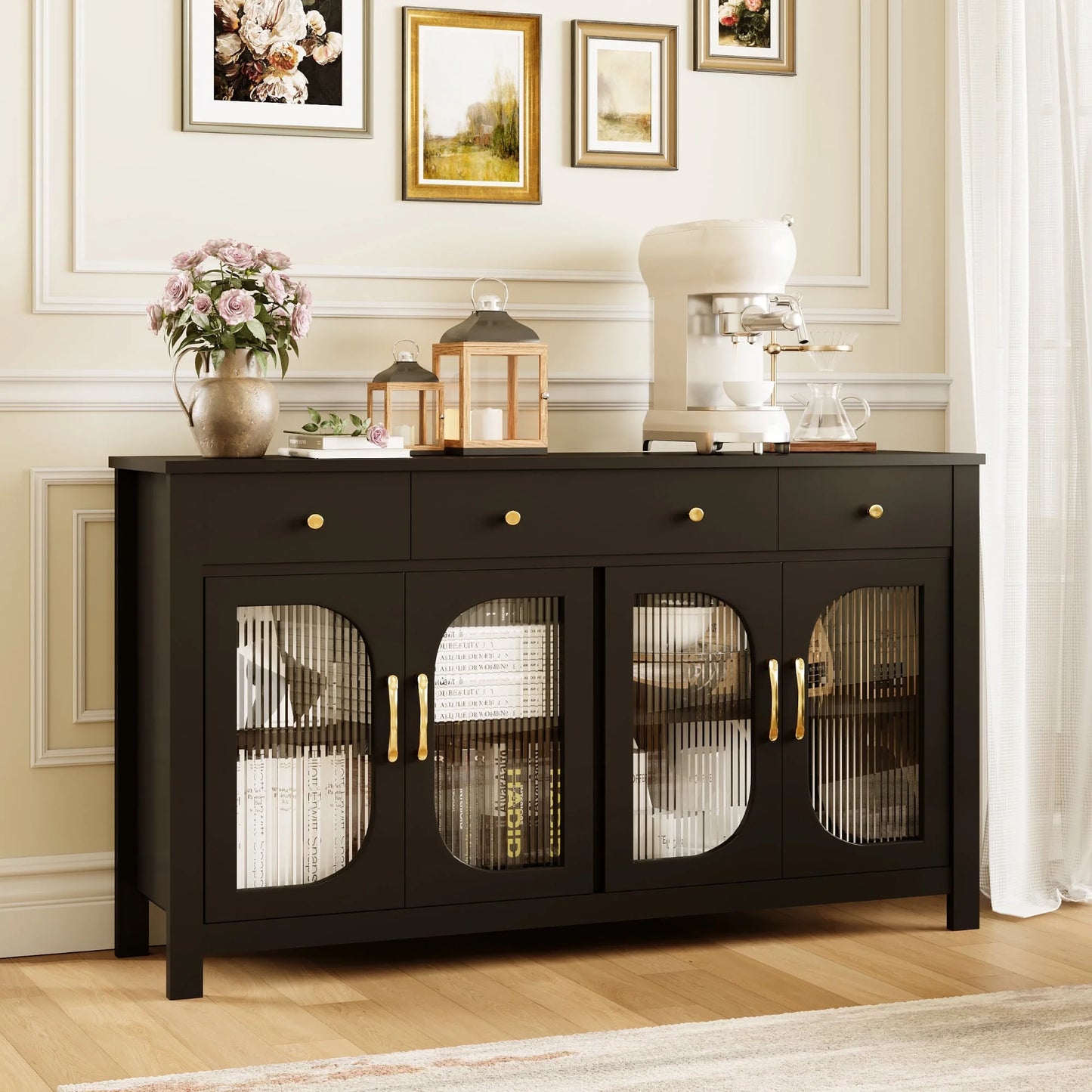 spanspace Large Sideboard Buffet Cabinet with Storage, Kitchen Storage Cabinet with 3 Drawers and 4 Glass Doors, 55" Wide Buffet Table Coffee Bar Cabinet for Dining Room, Living Room,Black