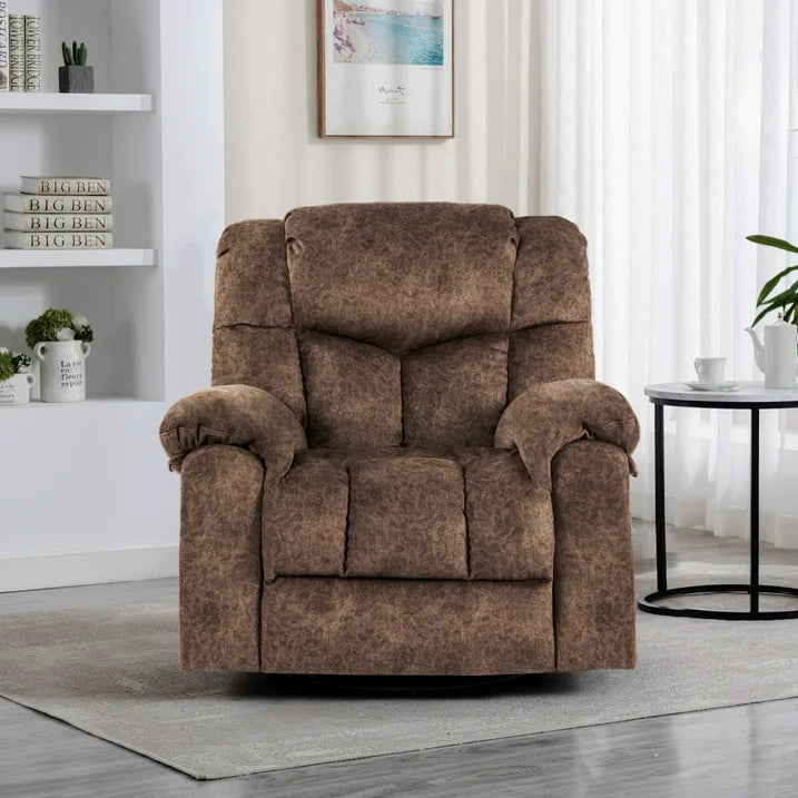 IMKHK Swivel Rocker Recliner Chair, Comfy Recliner Chair with Heat and Vibration Massage, Manual Fabric Lounge Chair with Side Pockets, 2 Hidden Cup Holders and USB Charge Port for Living Room, Brown