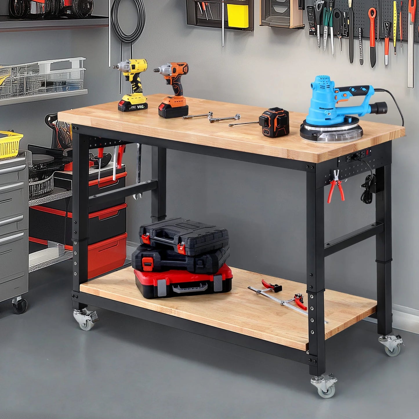Workbench for Garage,ENJOYWOOD Heavy Duty 60 inch 2 Tier Wood Work Bench with Rolling Wheels and Power Outlets,Rubber Wood Tabletop,2000 LBS Load Bearing Workstation Garage Desk Table Worktable