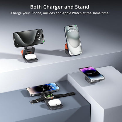 3-in-1 Wireless Charger Stand, 15W Magnetic Charger Wireless Fast Charging Station for iPhone 15/1413/12 Series, Aluminum Alloy 5W Charger for Apple Watch, AirPods, USB-C Charging Cable Included