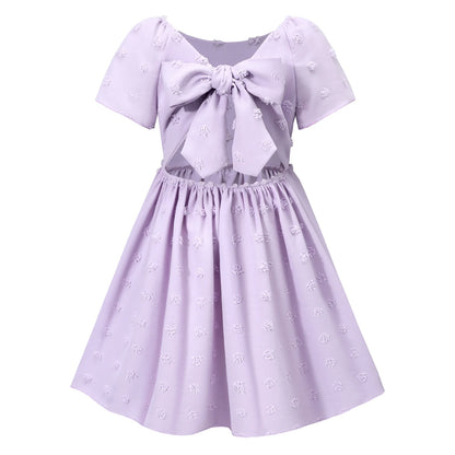 HILEELANG Little Girl Easter Dress Short Sleeve Summer Lavender Casual Tie Back Princess Elegant Party Dress 4-5T