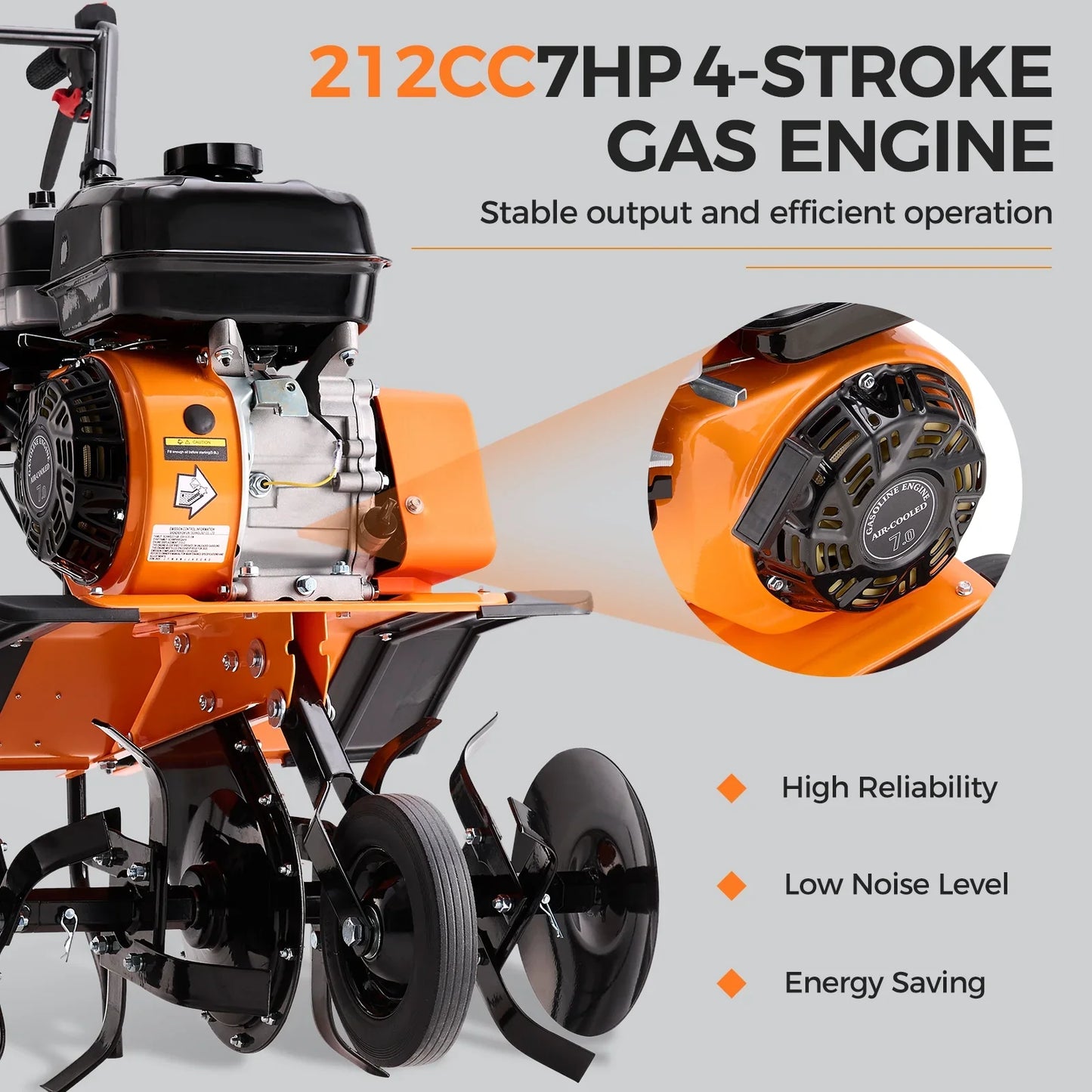 Efurden Gas Tiller Cultivator, 7HP 212cc Gas Powered Engine Tiller Cultivator for Garden Lawn Soil Cultivation, Weeding  Digging