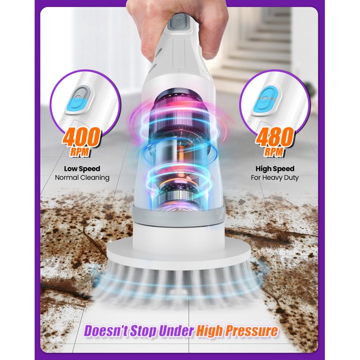 Electric Spin Scrubber, Cordless Cleaning Brush with 6 Replaceable Brush Heads and 2H Power Dual Speed, Adjustable & Detachable Long Handle, Shower Scrubber for Bathroom Tub Tile Floor Car,W-White
