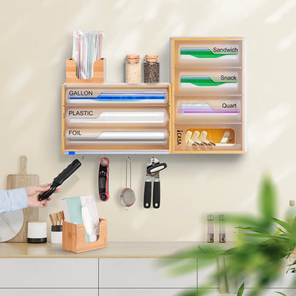 iCASA 15 - in - 1 Bamboo Storage Bag Organizer for Kitchen Drawer & Wall Moun, Kitchen Foil and Plastic Wrap Dispenser with Cutter, Food Sandwich Bag Organizer for Drawer, Bamboo Baggie Container Box