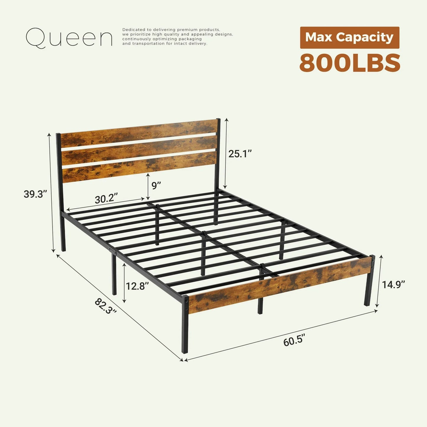 ZUNMOS Queen Size Metal Bed Frame with Headboard and Footboard, No Box Spring Needed, 800LBS Sturdy Slats Support, Noise Free for Bedroom, Brown