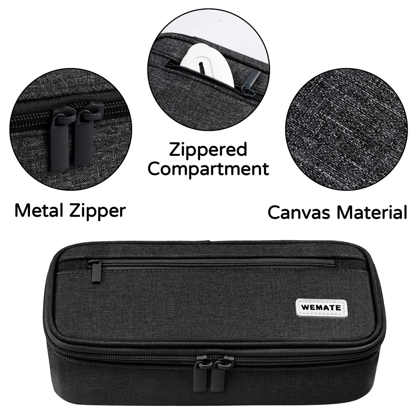 WEMATE Large Pencil Case with Zipper, Big Capacity, Canvas Pencil Case, Pencil Bag for Student,Black