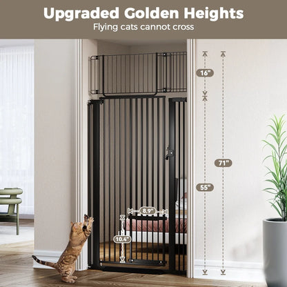 Pet Gate With Cat Door,71 inch Extra Tall Dog Gate,29.5 40.6 Wide Gate Pressure Mounted Full Door Pet Gate for Doorway Stairs,Black