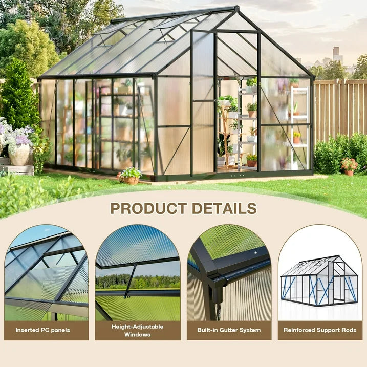 NETAJE 12'x8' Outdoor Greenhouse, Walk-in Polycarbonate Green House with Aluminum Frame for Backyard
