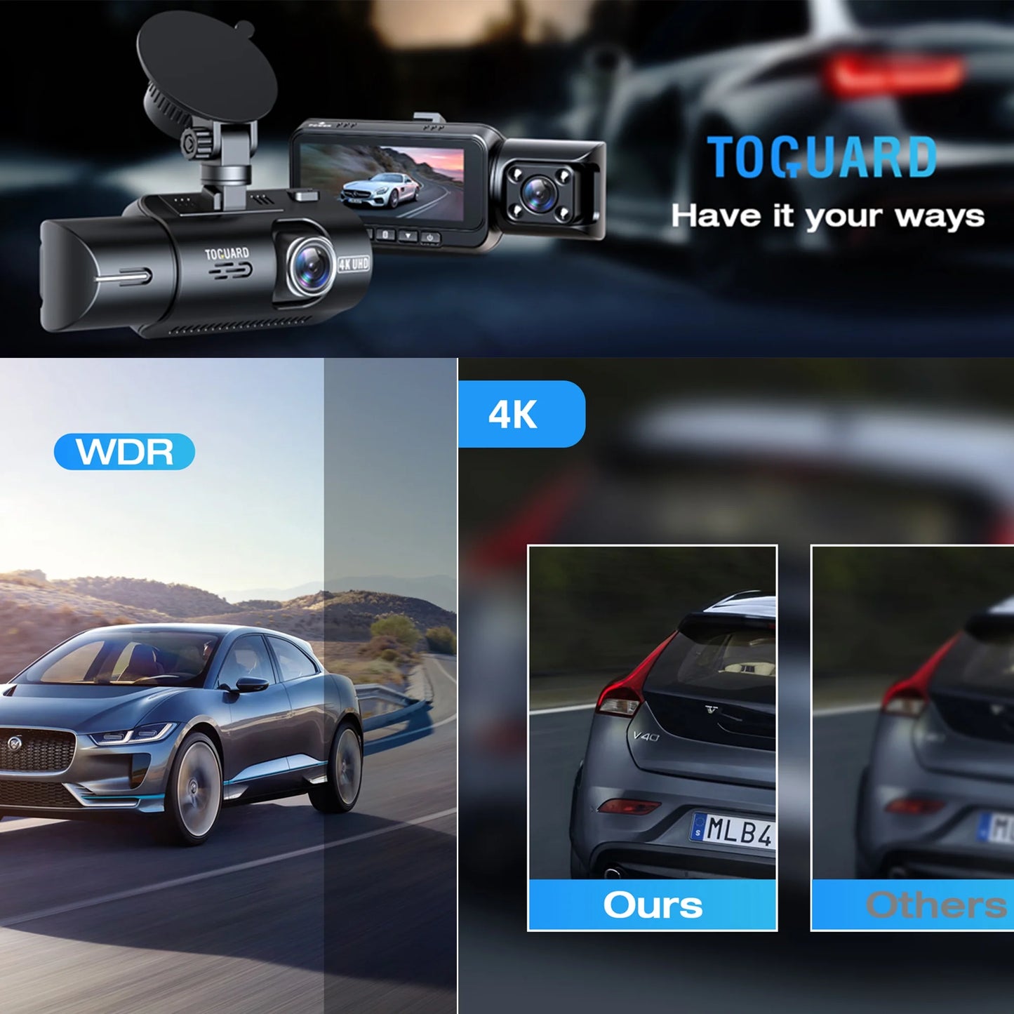 TOGUARD Front and Inside Dual Dash Camera 4K Car Dash Cam with GPS 3.16" Display, 170 Wide Angle, IR Night Vision, Support 256GB Max, Black