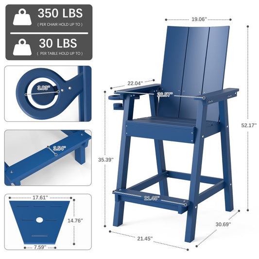 Tall Adirondack Chair Set of 2, HDPE All Weather Adirondack Bar Stools with Connecting Tray, Navy Blue