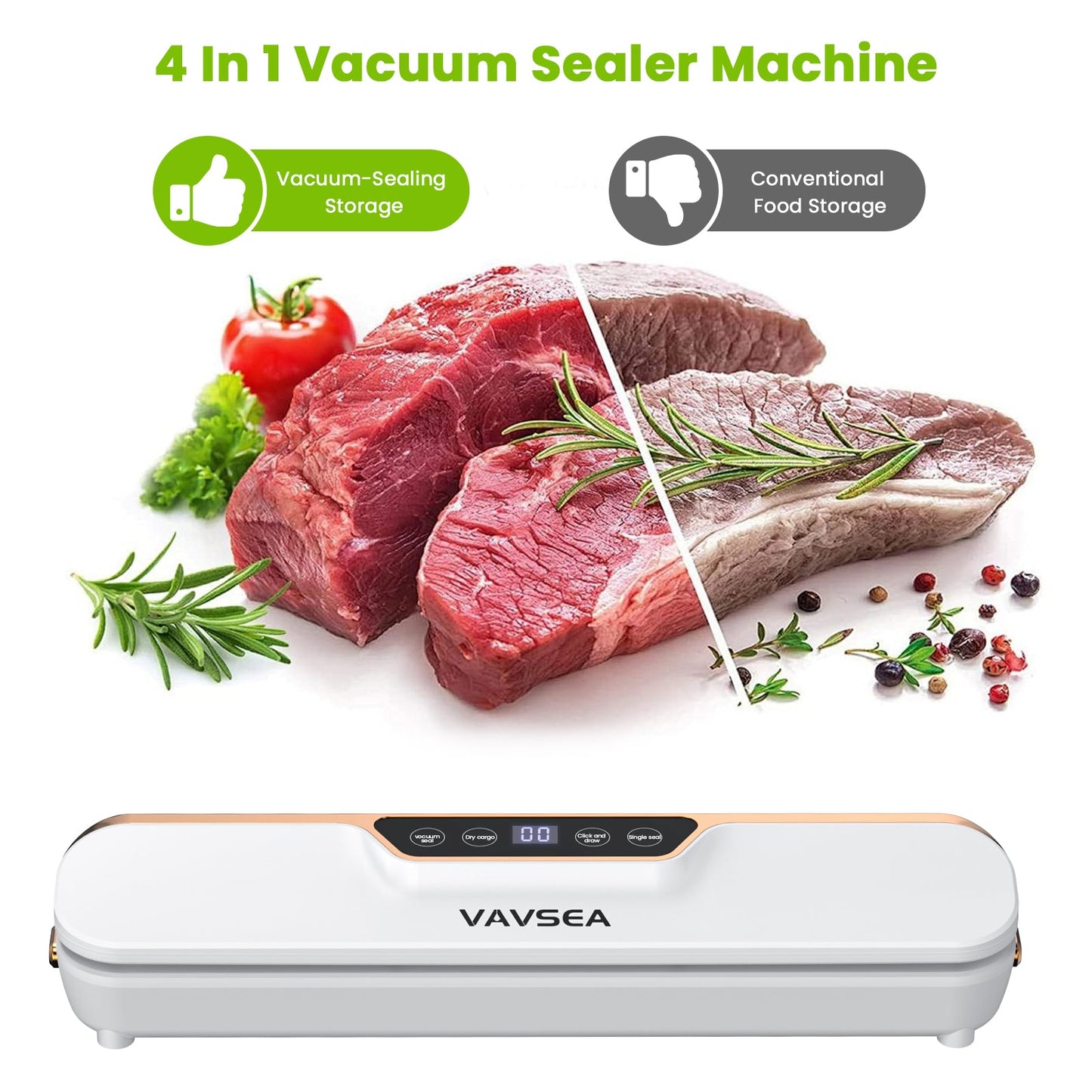 Vacuum Sealer, 62Kpa Food Sealer Machines with 4 Modes, Dry/Draw/Seal/Vac and 10Pcs Bags Starter Kit for Dry & Moist Food Storage Sous Vide