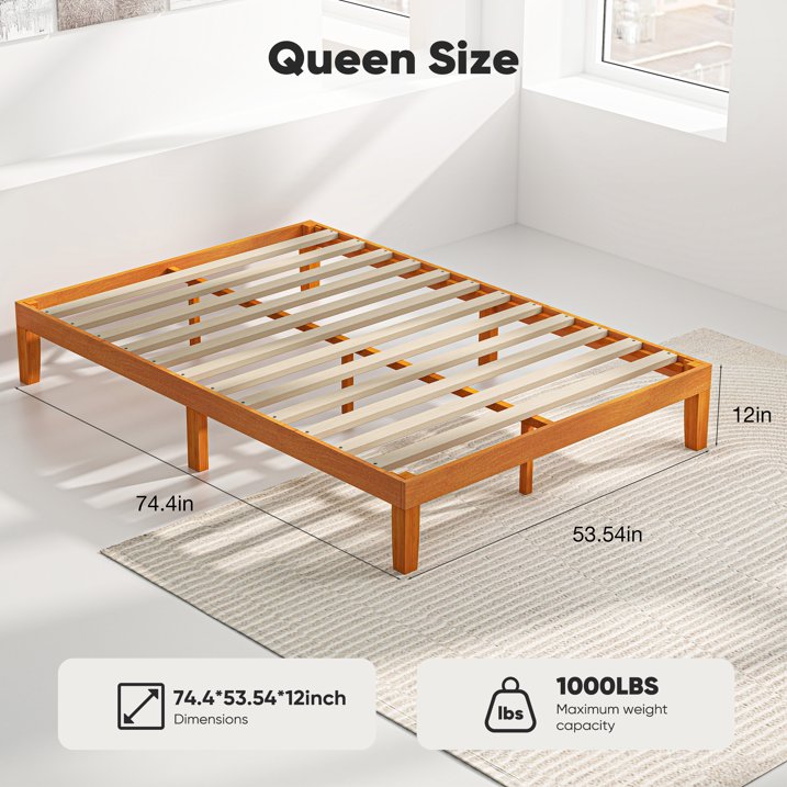 ZUNMOS 12 IN Full Size Solid Wood Bed Frame with Wood Slat Support, Sturdy, No Box Spring Needed, Natural Pine