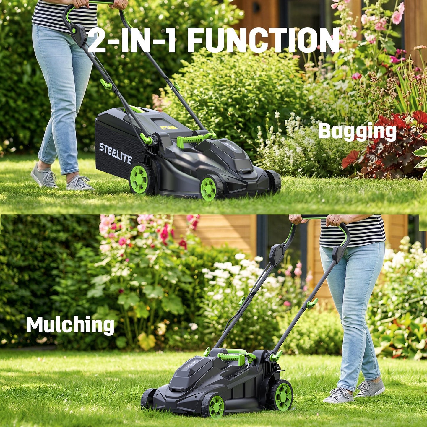 Steelite 17" Cordless Lawn Mower, 2x21V Battery Powered Walk-Behind Push Mowers,Electric Lawn Mowers with Brushless Motor, 2-in-1 Mulching & Bagging,6 Heights Adjustment, 2*4.0Ah Battery Included