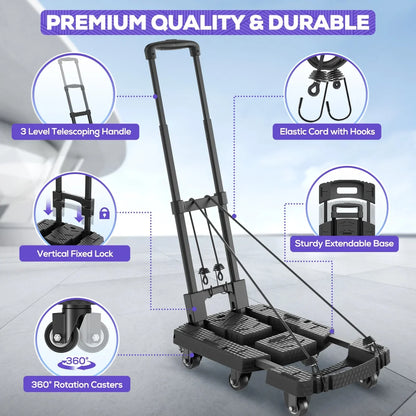 TNTANTS Hand Truck, 500 LB Heavy Duty Portable Dolly, Folding Dolly Cart with 6 Wheels & 3 Elastic Ropes for Luggage, Travel, Moving, Shopping, Office Use, Black