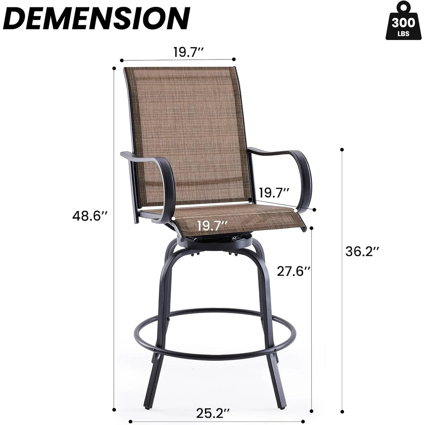 Farini Outdoor Bar Stools Set of 4, 360°Swivel Patio Barstools with Textile Fabric,Ergonomic Comfort Bar Height Tall Outdoor Stools for Balcony,Brown