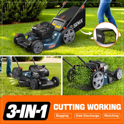 SENIX 21 Self Propelled Gas Lawn Mower, 150 cc 4 Cycle Made in USA Briggs   Stratton Engine Push Mower, 3 In 1, 6 Position Height Adjustment, 11 In Rear Wheels, LSSG M1
