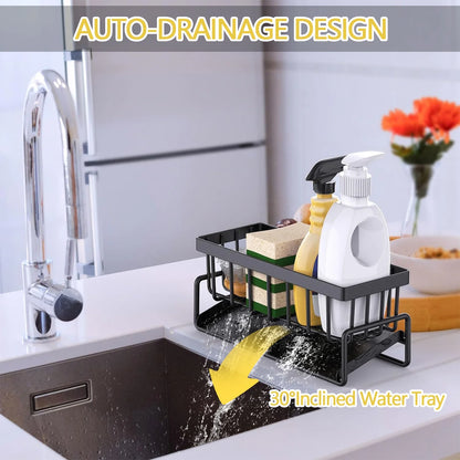 Aovky Sponge Holder for Kitchen Sink, Self Drain Kitchen Sink Caddy Organizer, Sponge Holder with Removable Dishcloth Rack, Soap Dispenser Brush Holder Storage for Bathroom and Counter, Black
