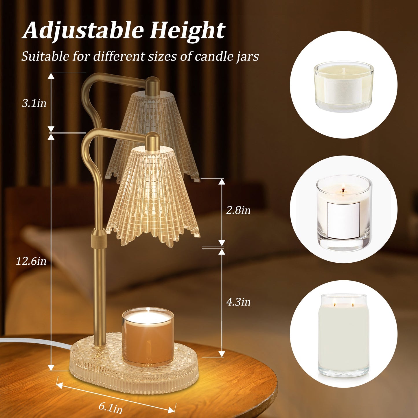 Candle Warmer Lamp with Crystal Base, Wax Warmers with 2 Bulbs Timer and Dimmer, Adjustable Height for All Jar Candles, Home Decor, Gifts for Housewarming
