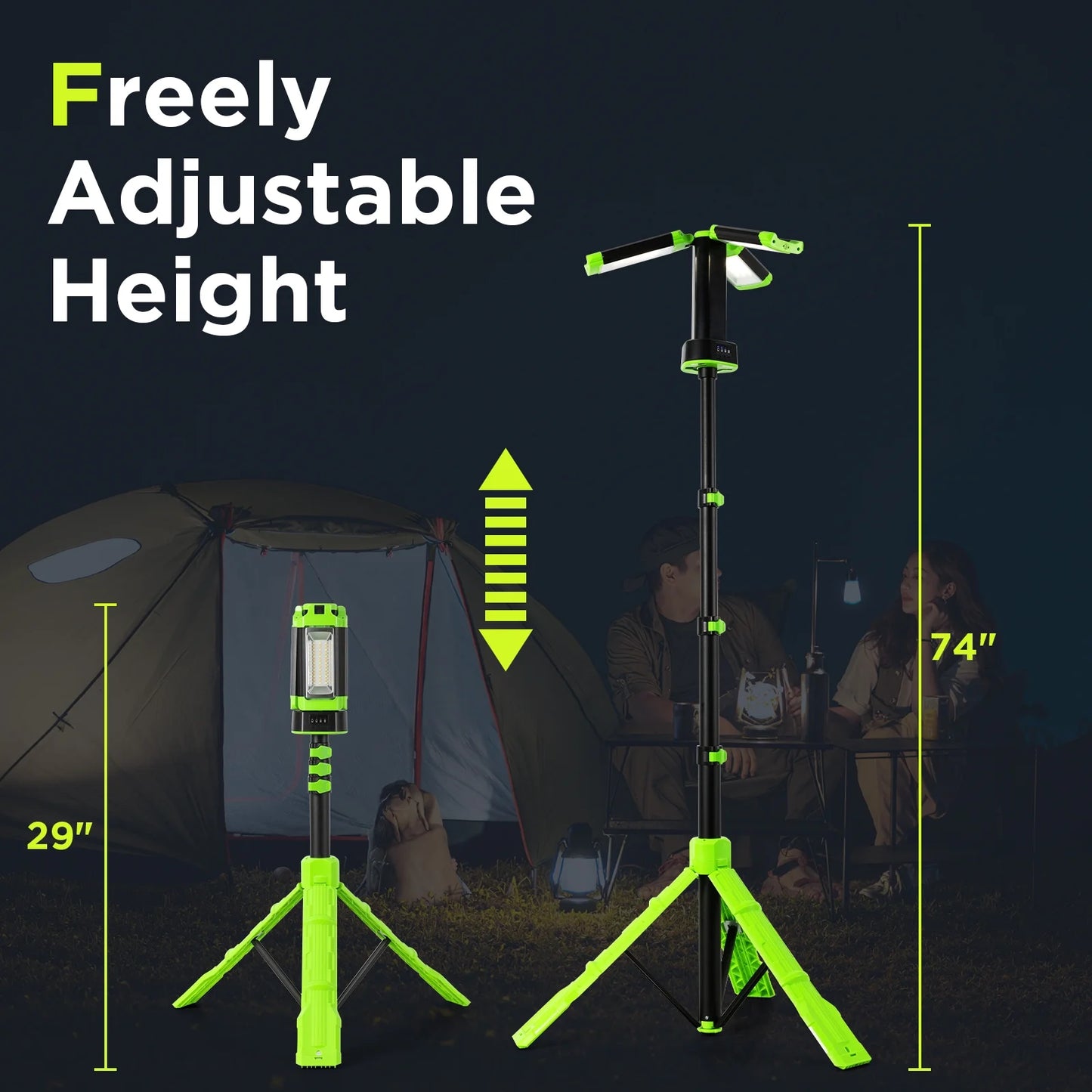 Steelite Rechargeable Camping Light with Stand 74",Portable Cordless LED Work Light with 3 LED Lamp Heads,2700 Lumens Foldable Working Lantern with Detachable Tripod