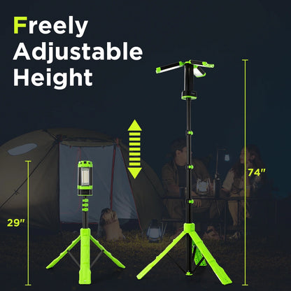 Steelite Rechargeable Camping Light with Stand 74",Portable Cordless LED Work Light with 3 LED Lamp Heads,2700 Lumens Foldable Working Lantern with Detachable Tripod