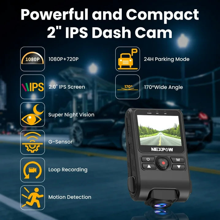 NEXPOW Dash Cam Front and Rear, 1080P Full HD Dash Camera, Car Camera with G-Sensor, Night Vision, 170 +150 Wide Angle, WDR, Loop Recording, Motion Detection, Parking Mode