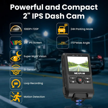NEXPOW Dash Cam Front and Rear, 1080P Full HD Dash Camera, Car Camera with G-Sensor, Night Vision, 170 +150 Wide Angle, WDR, Loop Recording, Motion Detection, Parking Mode