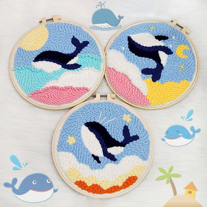 3 Pack Punch Needle Embroidery Kit for Beginners, Rug Hooking Starter Kit with Whale Pattern Stamped Cloth 3 Embroidery Hoops Woolen and Punch Needle