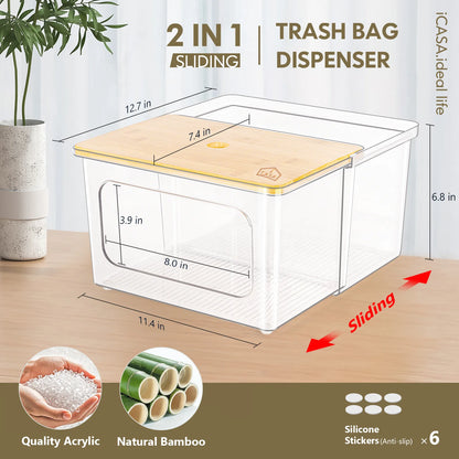iCASA Garbage Bag Container 2 in 1 With Bamboo Lid for Laundry Room Organization, Under Sink, Kitchen, Cabinet, Home Decor, Extra Large Stackable Acrylic Bag Storage Box