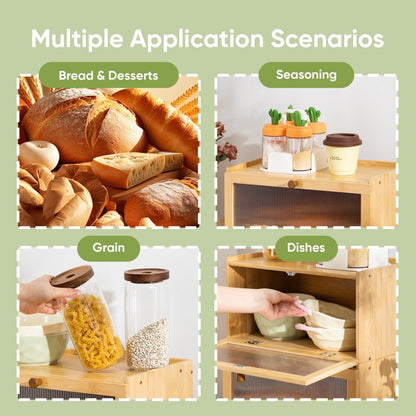 VUSIGN Bamboo Bread Box Acrylic Transparent Window Storage Container, Kitchen Countertop