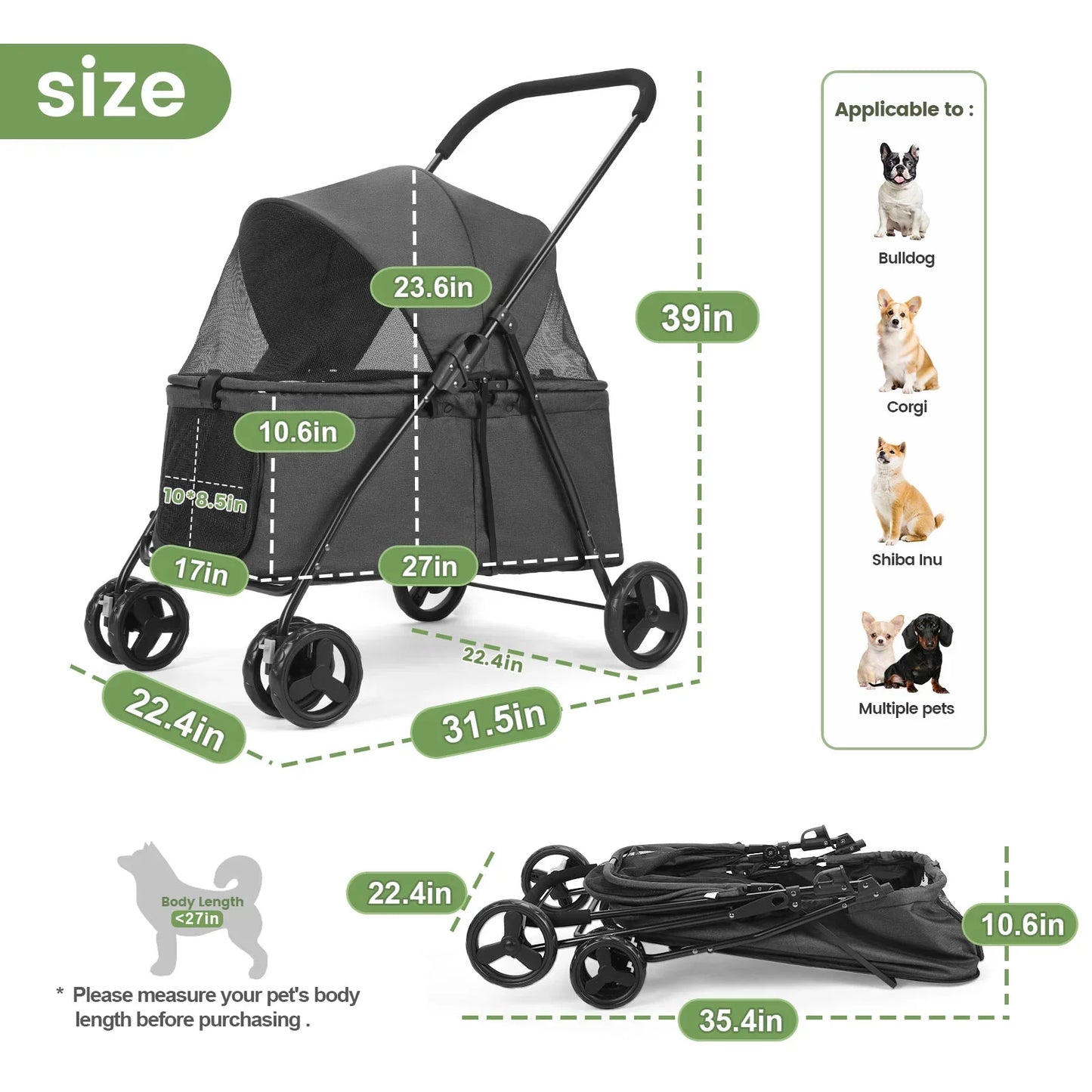 Wedyvko Pet Stroller, 4 Wheels Cat Dog Stroller Foldable Lightweight Dog Carrier Trolley Jogging Stroller,Black