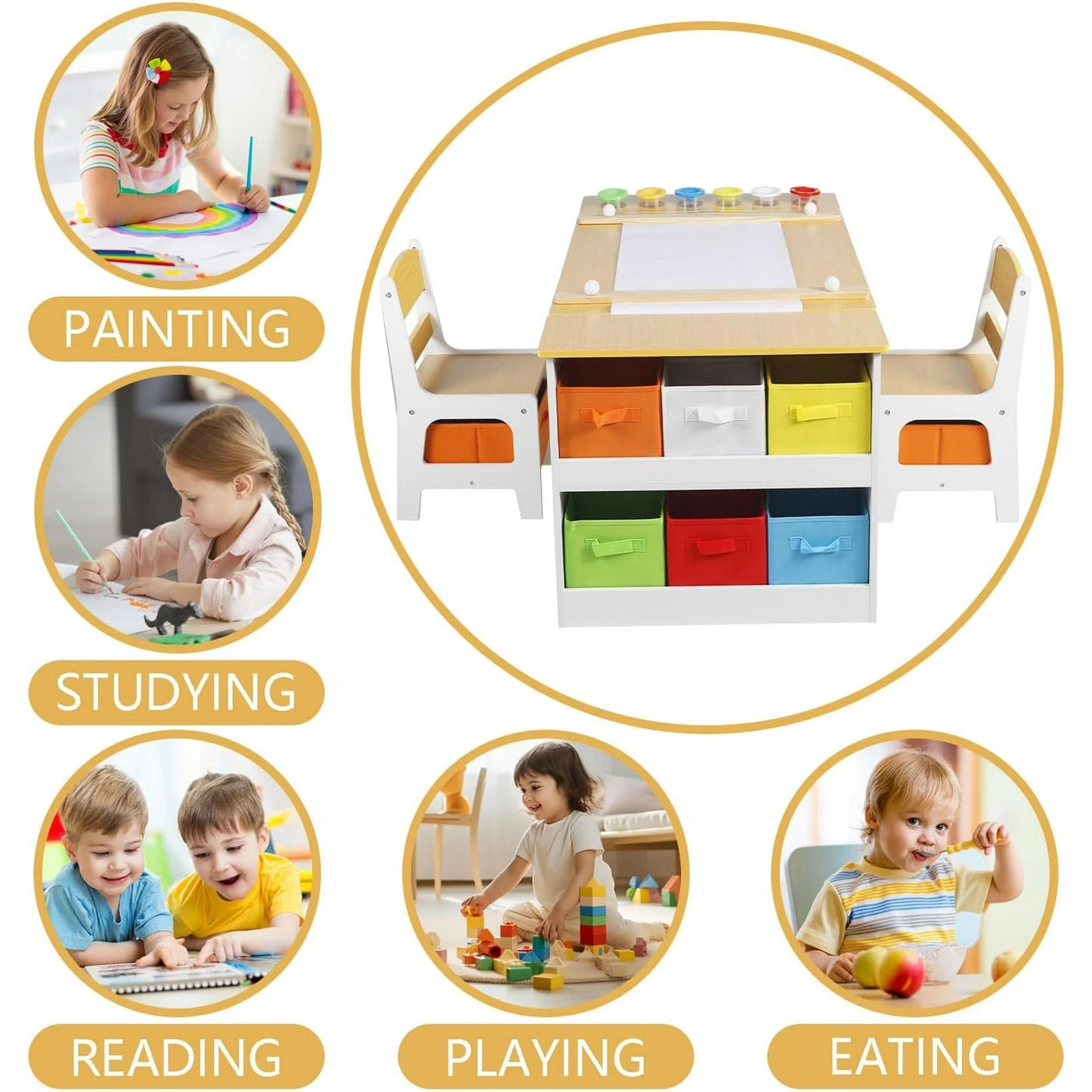 LINLUX 3 in 1 Kids Drawing Table and Chair Set with Art Easel, Toddler Activity Desk for Painting，Natural